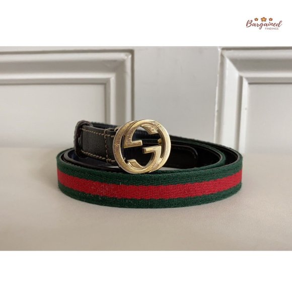 Authentic Gucci Web Canvas Brown Leather GoId Interlocking G Buckle Belt 85/34 - Picture 12 of 13